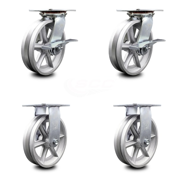 Service Caster 8 Inch V Groove Semi Steel Caster Set with Roller Bearing 2 Brakes and 2 Rigid SCC-35S820-VGR-SLB-2-R-2 - main